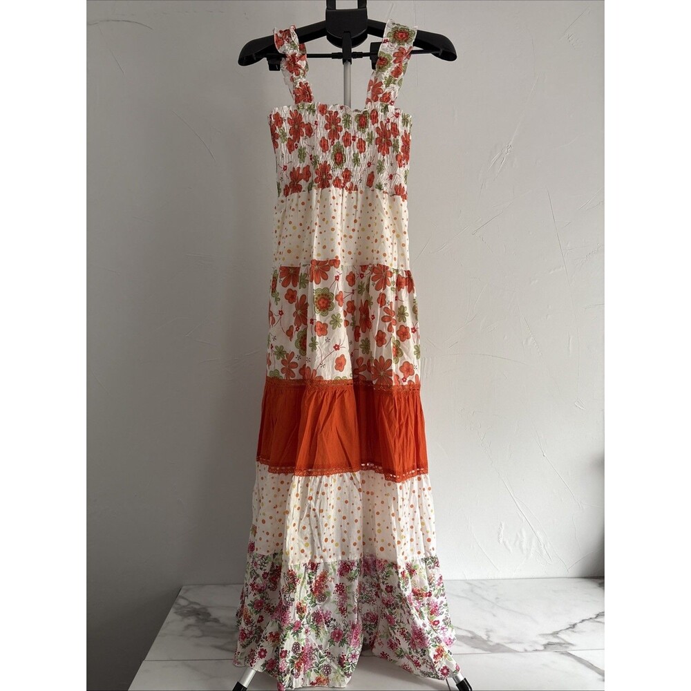 Magic Patchwork Tiered Smocked Maxi Dress Women's Size L NWT Cotton Boho Floral